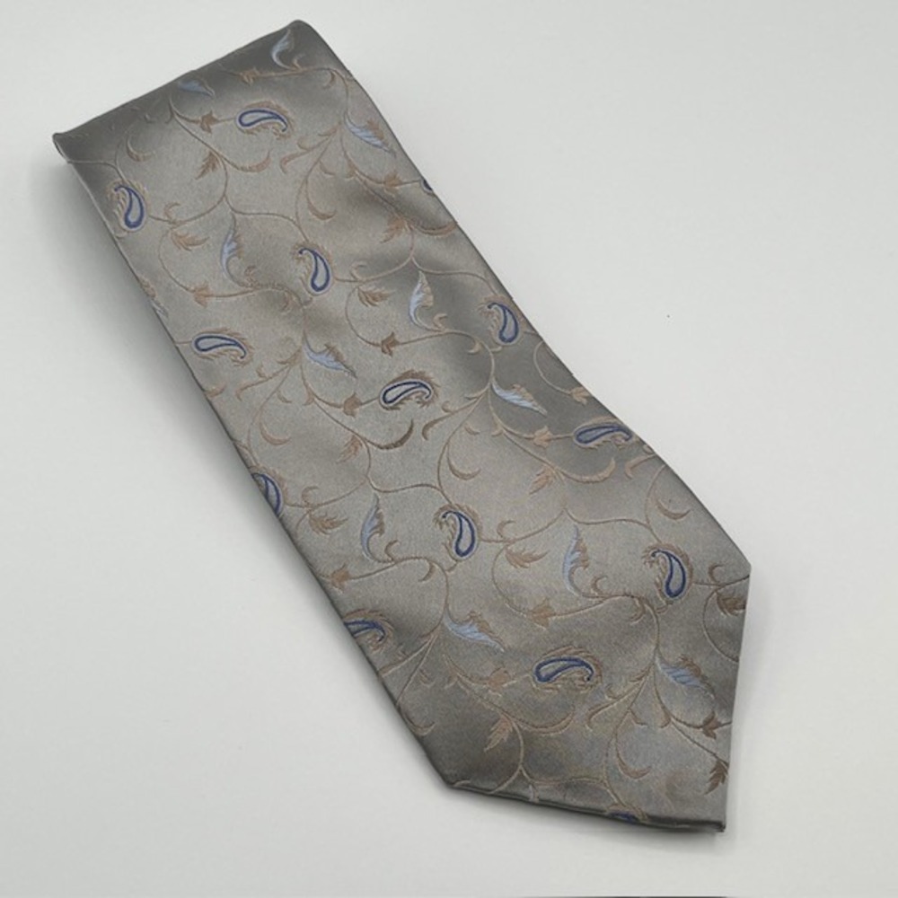 Alfani Mens Grey Paisley Vine Silk Necktie Blue Tan Handmade Classic Tie